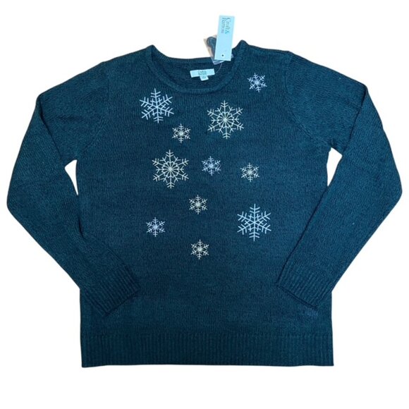 NWT Croft and Barrow Hunter Green crewneck snowflake sweater size M - Picture 2 of 9